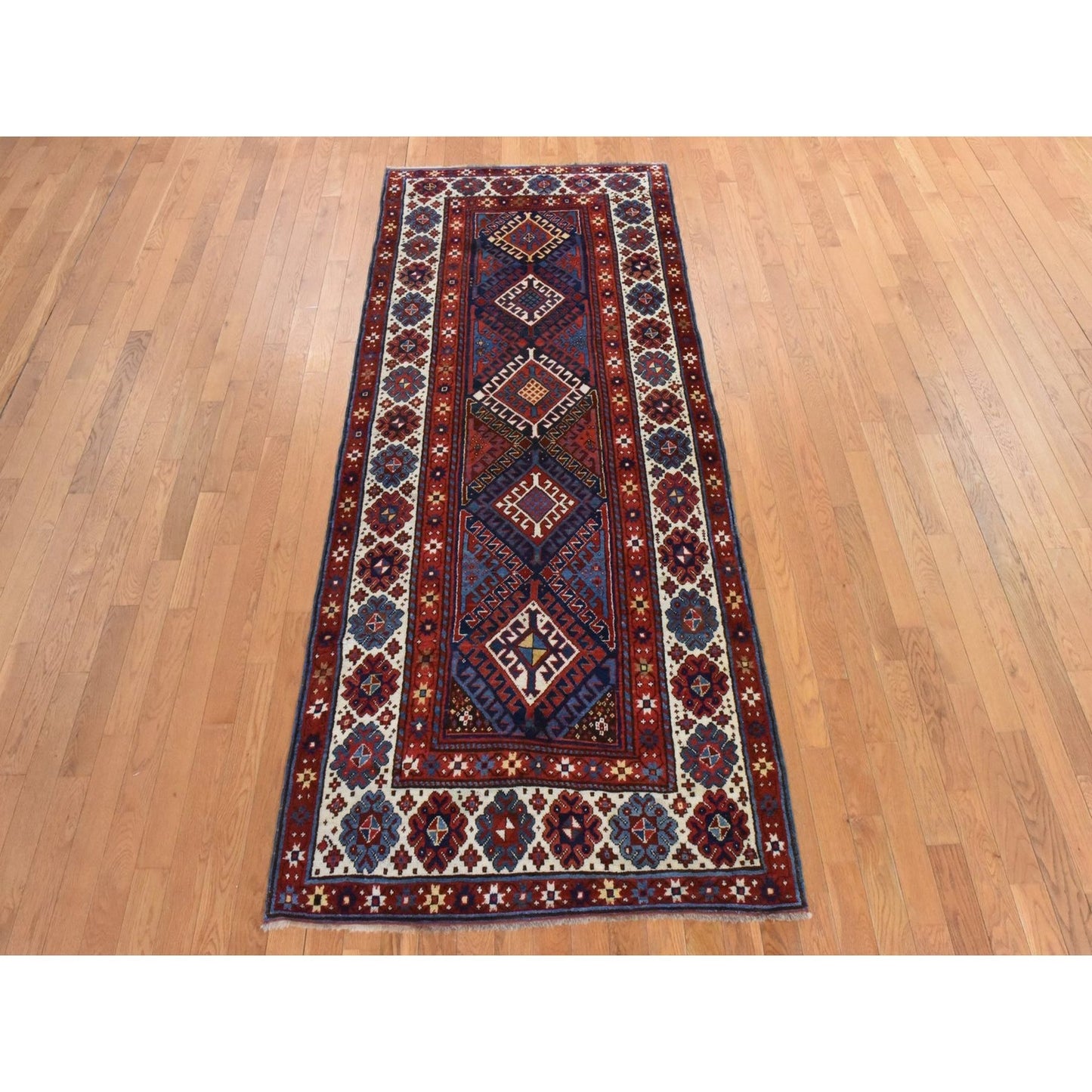 4'X9'4" Red Antique Caucasian Kazak 100% Wool Hand Knotted Runner Rug