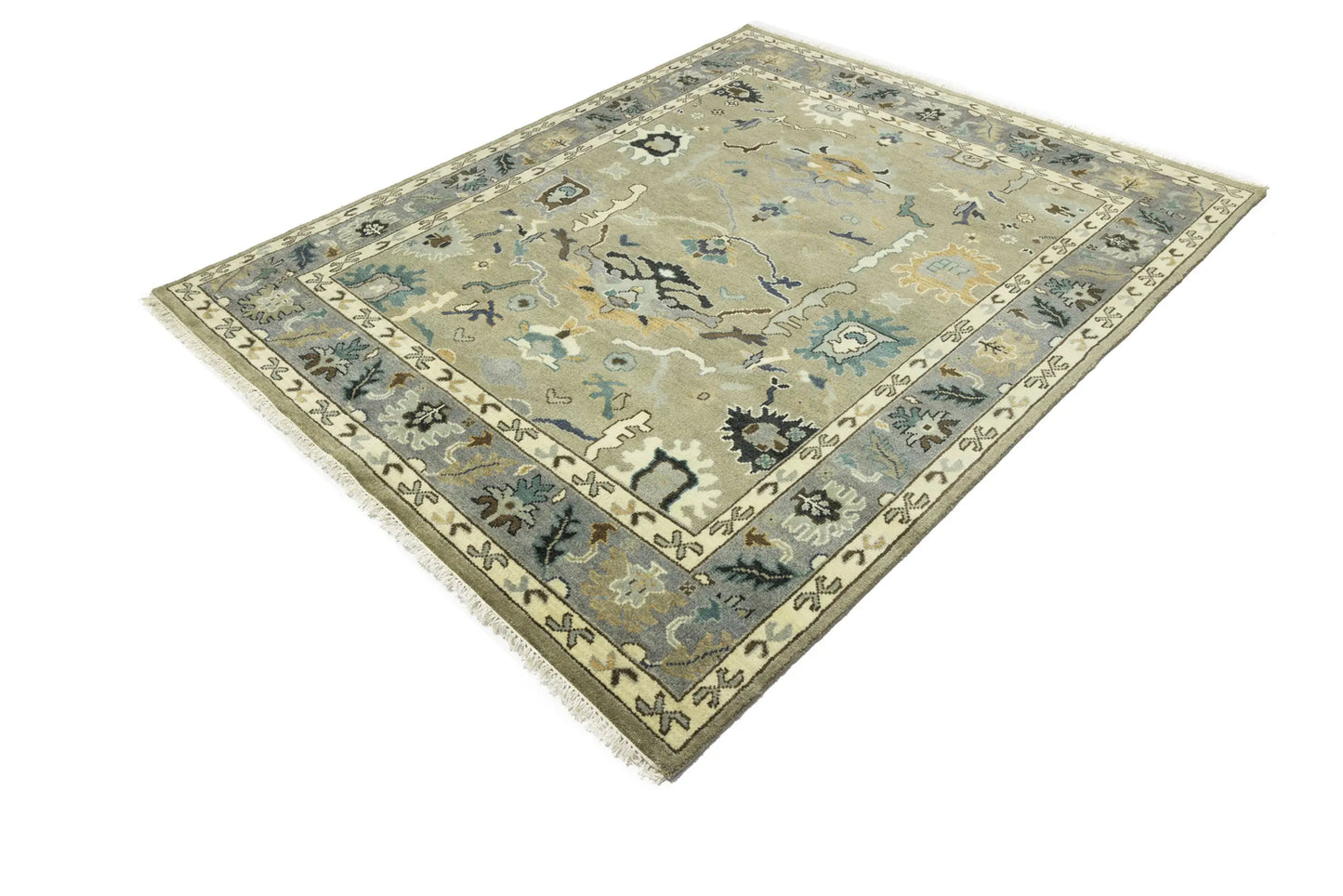 Khaki Floral Oushak Chobi Oriental Rug Handmade