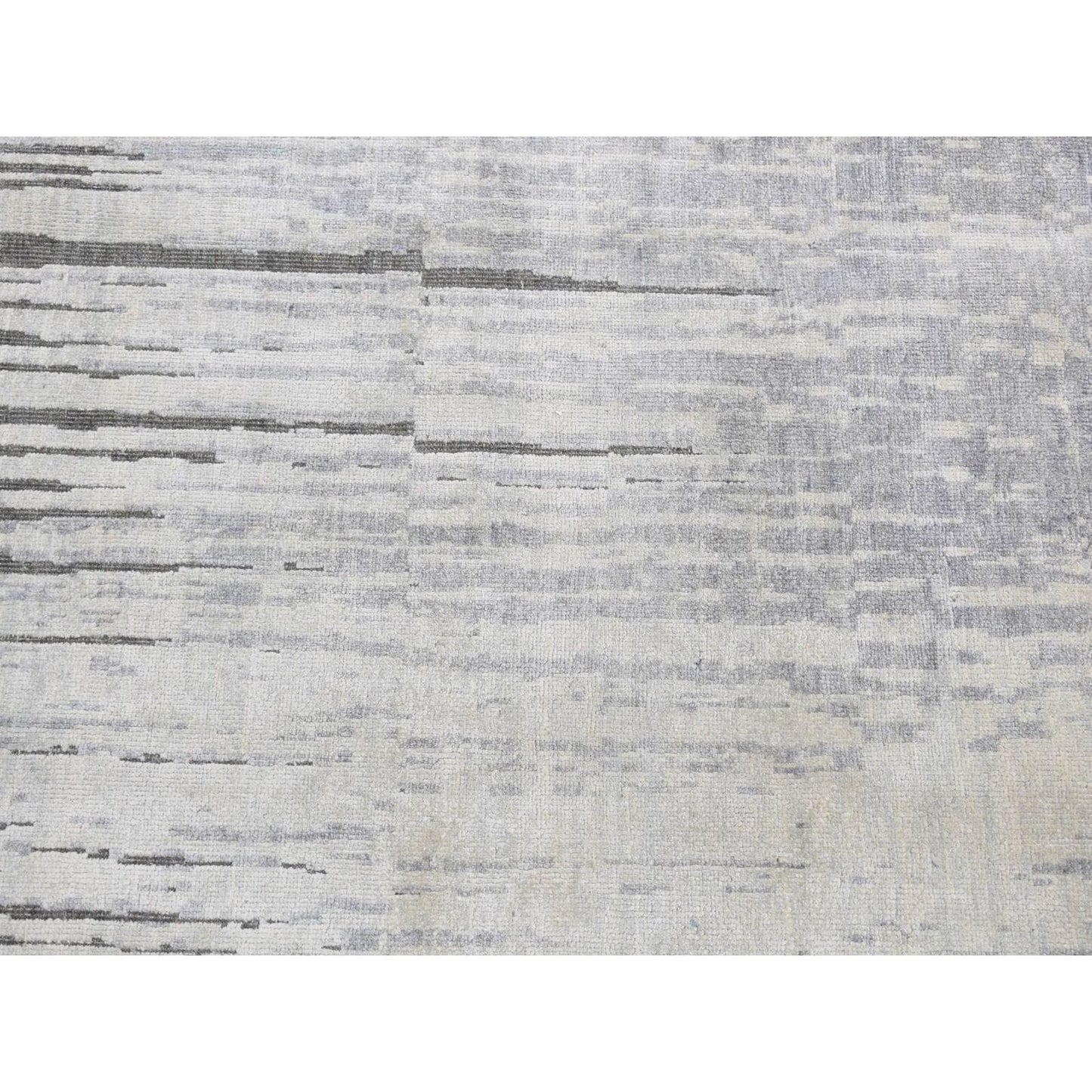3'X9' Ash Gray Horizontal Ombre Design Pure Silk Hand Knotted Runner Rug