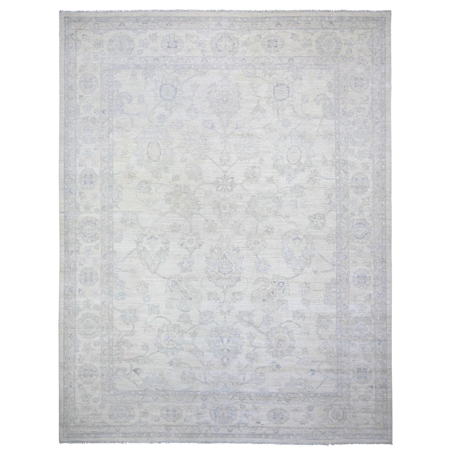 11'8"X15' Dove White Wool White Wash Peshawar Hand Knotted Oversized Rug