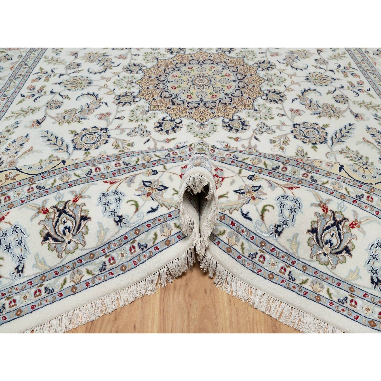 8'10"X12'4" White Nain With Flower Design Hand Knotted Wool And Silk Rug