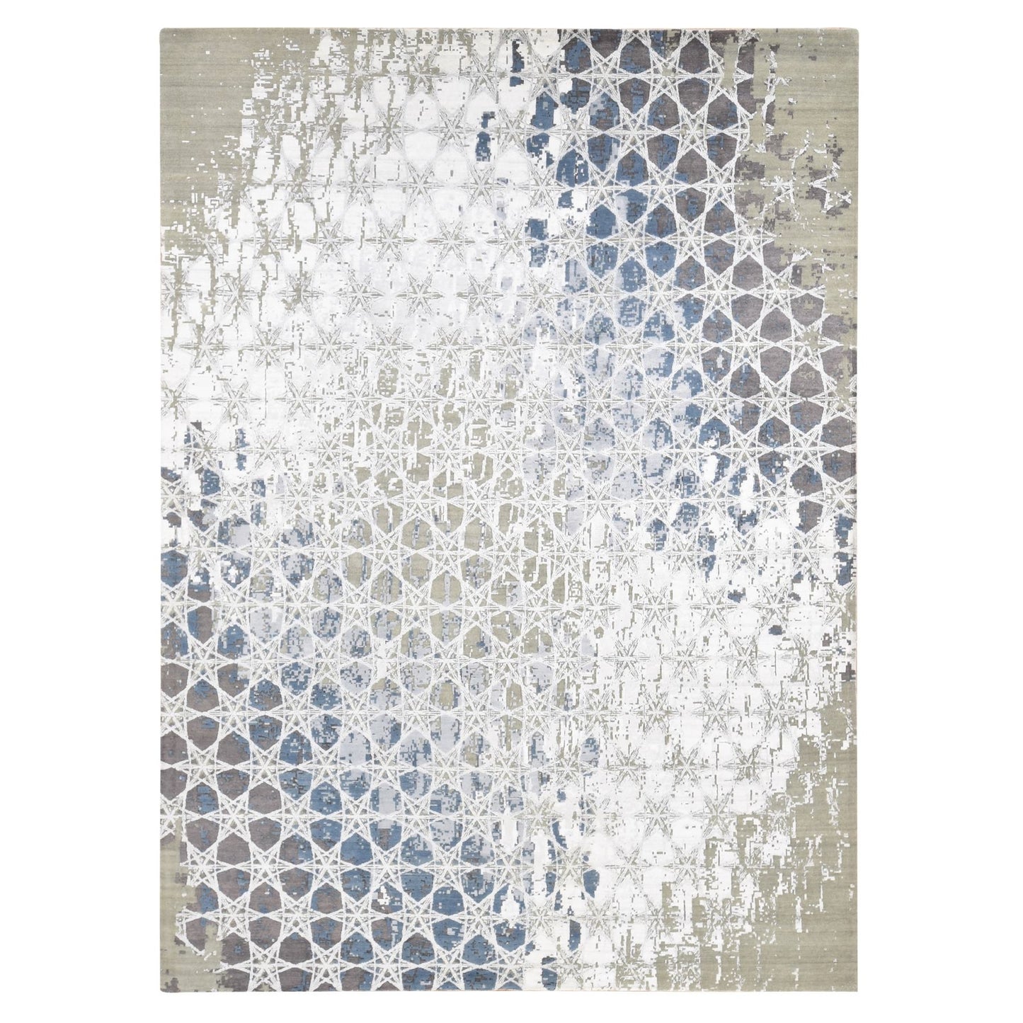 10'X14'1" Gray The Honeycomb Design Hand Knotted Wool And Silk Rug