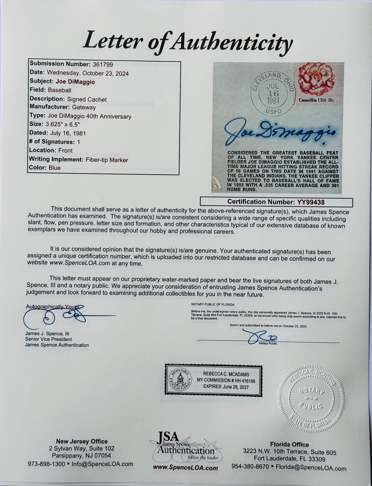 Joe Dimaggio Autographed First Day Cover July 16, 1981 "40Th Anniversary" (Jsa)