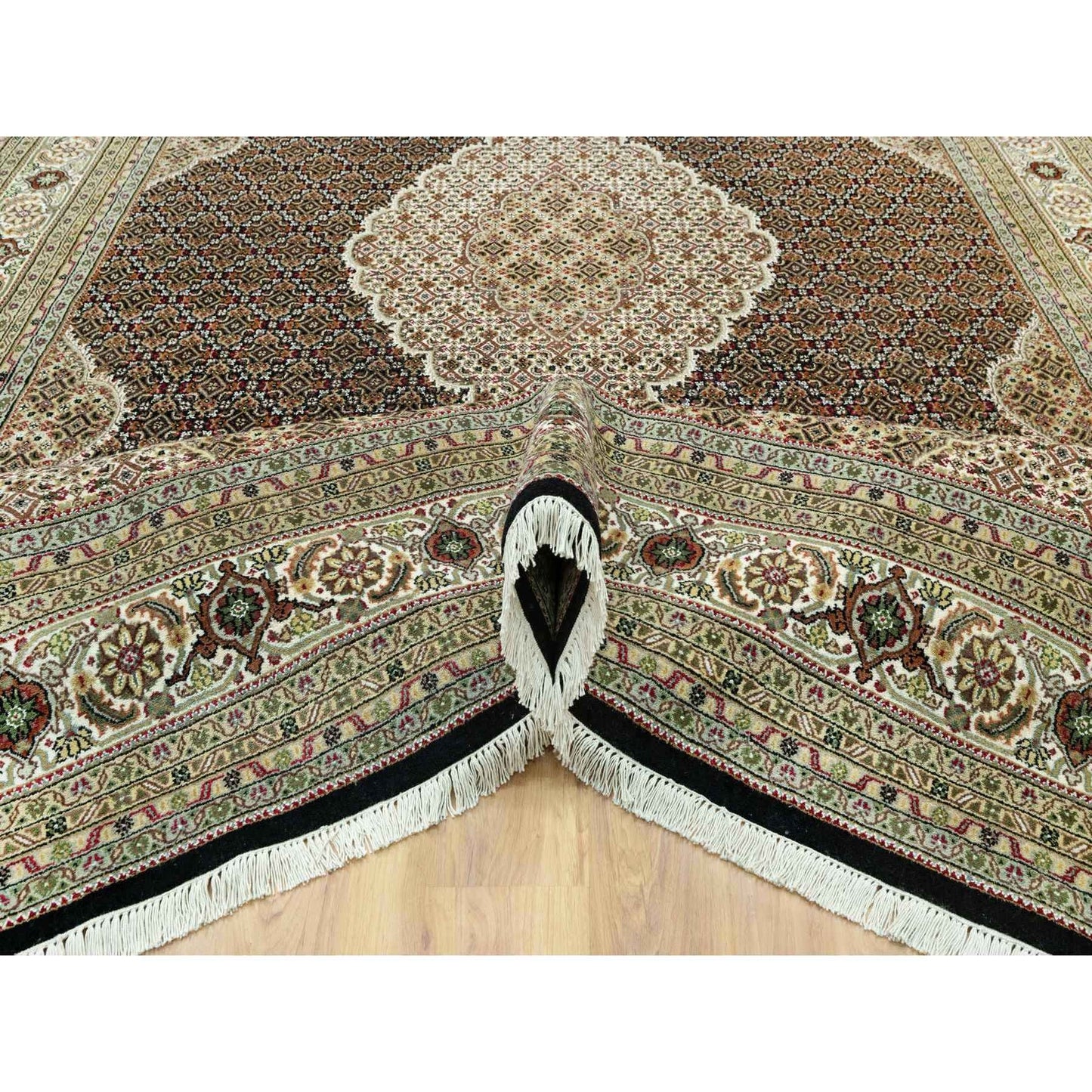 9'8"X14'2" Smoky Black Hand Knotted Wool Tebraz Mahi Fish Medallion Rug