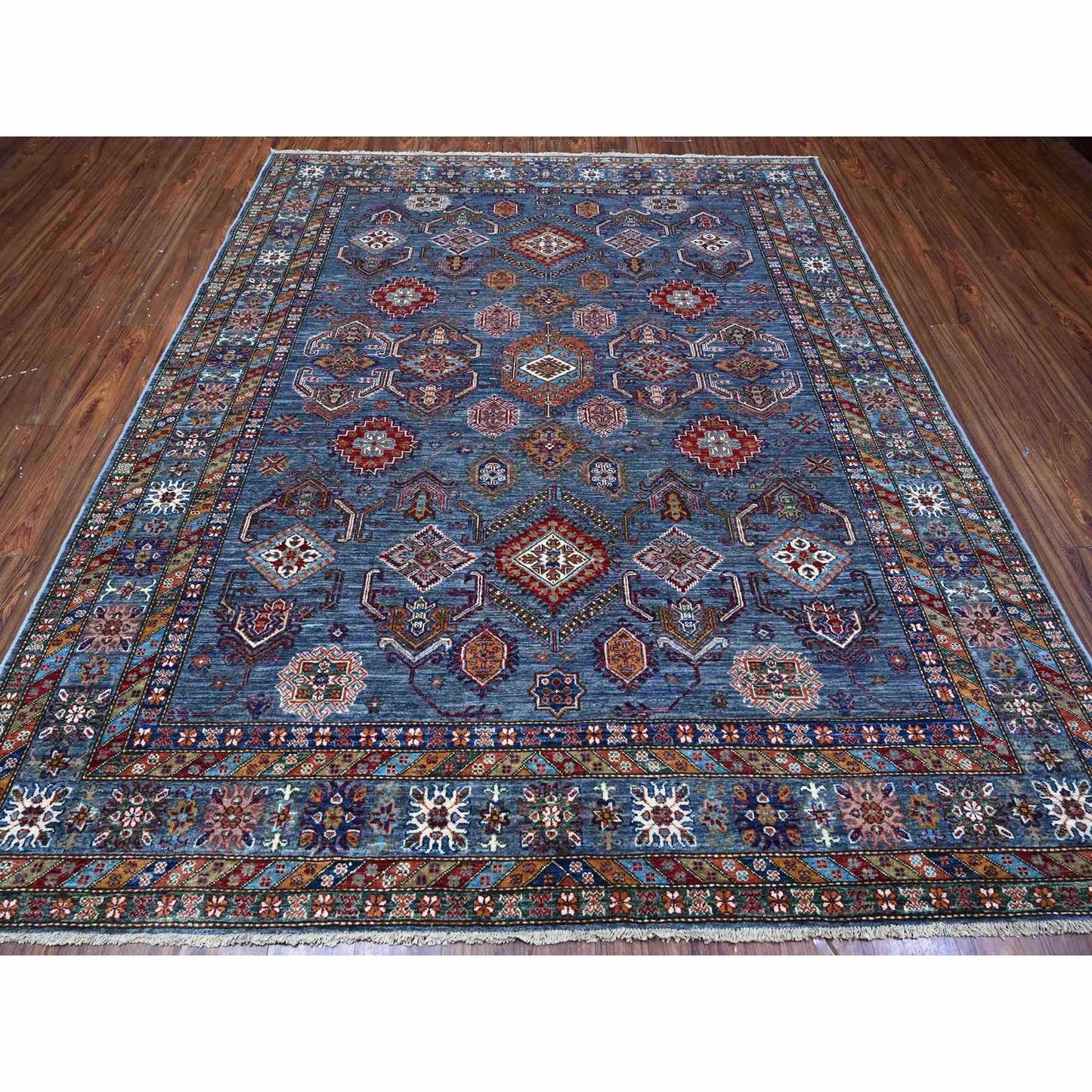 8'X9'6" Slate Gray Hand Knotted Geometric Super Kazak Wool Oriental Rug