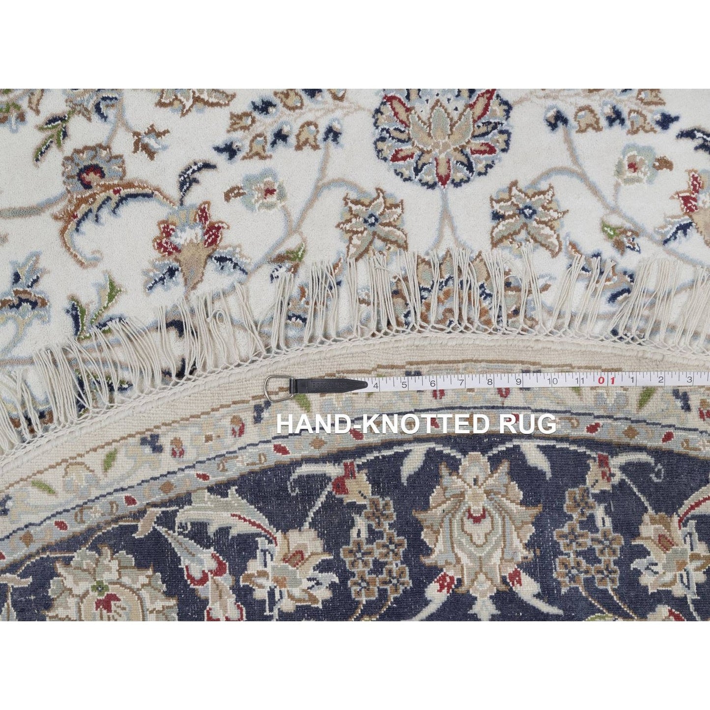 6'2"X6'2" Ivory Nain Flower Design Wool And Silk Hand Knotted Round Rug