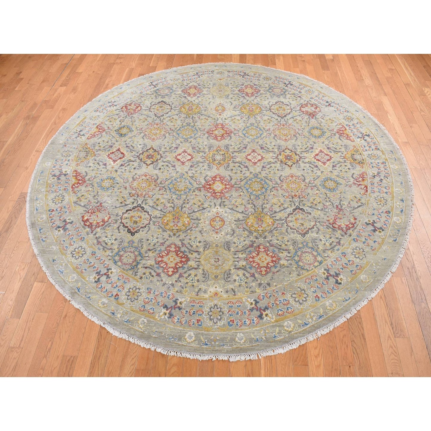 10'X10' Gray The Sunset Rosettes Silk And Wool Hand Knotted Round Rug