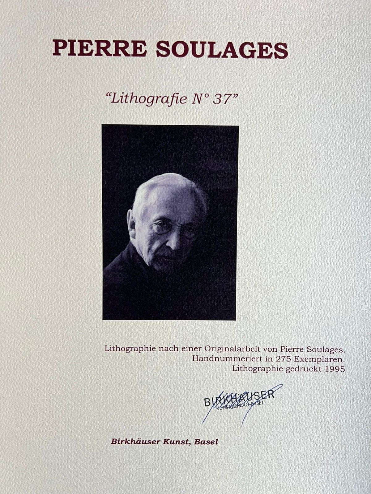 Pierre Soulages Coa Signed Op Numbered In Pencil Limited 275Exe
