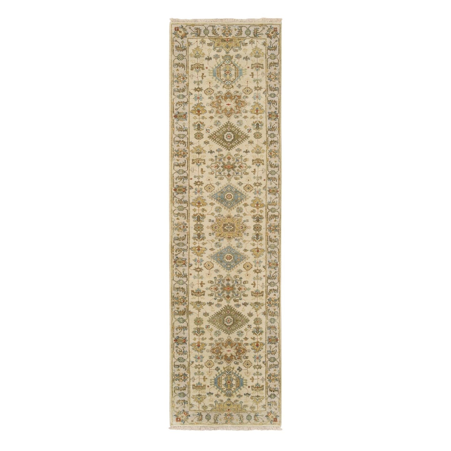 2'7"X9'9" Ivory Karjihooz Design Soft Wool Hand Knotted Runner Rug