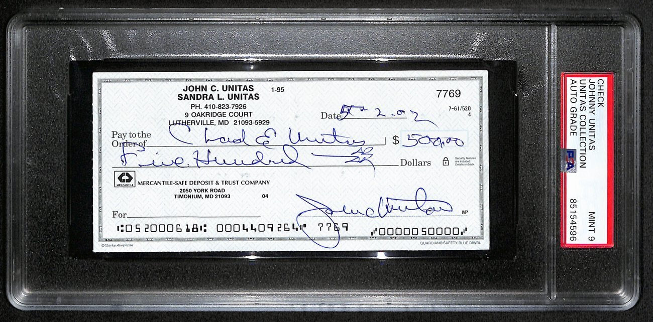 Johnny Unitas Signed 5/2/02 Check Psa/Dna Mint 9