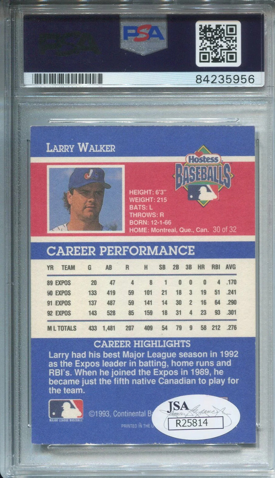 Larry Walker Hostess Montreal Expos Autographed Card (Psa)