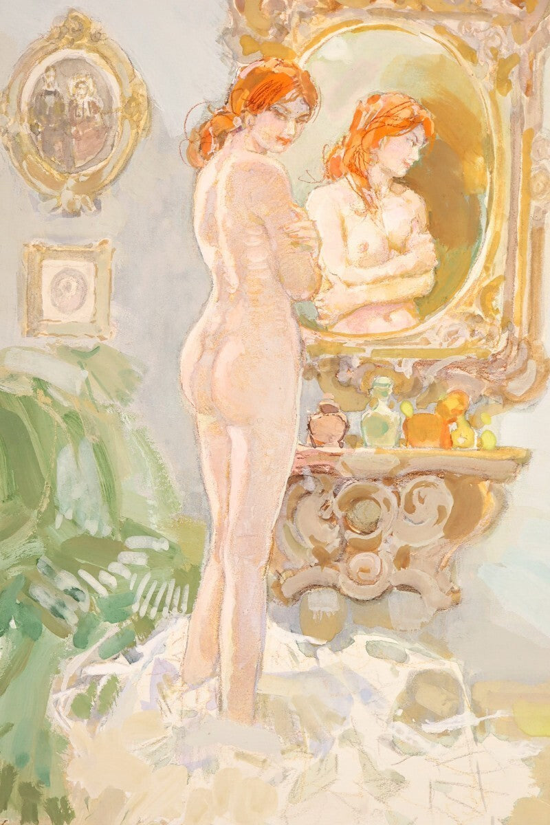 Erno Zorad "Mirror" Signed Watercolor Nude Painting - Rare Hungarian Artist