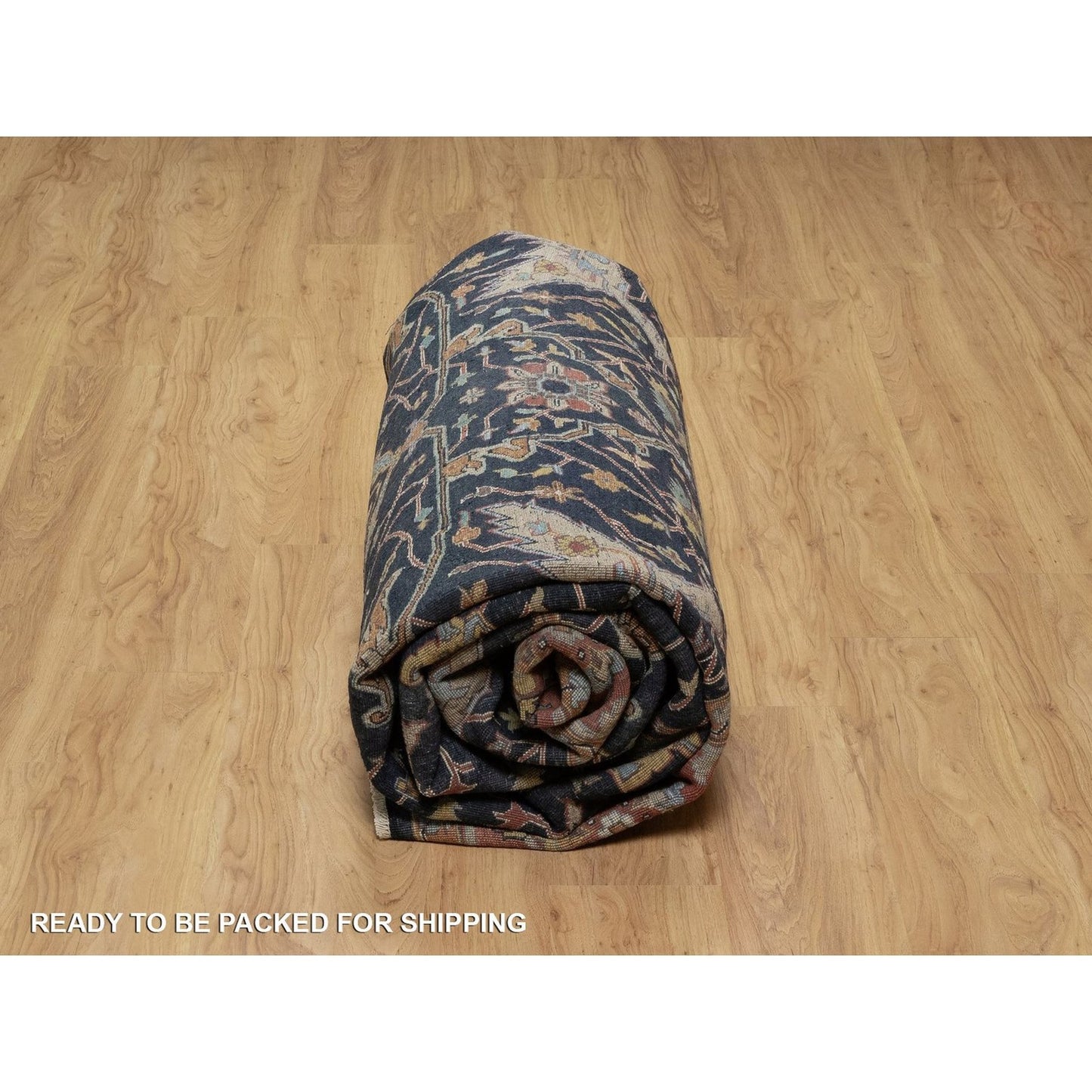 9'X12'1" Caviar Blue Antiqued Heris New Zealand Wool Hand Knotted Rug