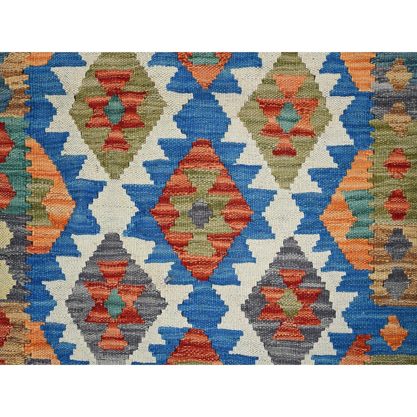 2'10"X8'3" Blue Flat Weave Geometric Afghan Kilim Pure Wool Runner Rug