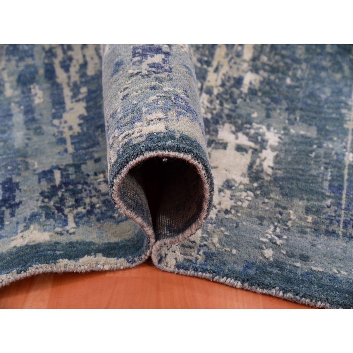 12'X12' Grotto Blue Abstract Design Silk And Wool Hand Knotted Square Rug