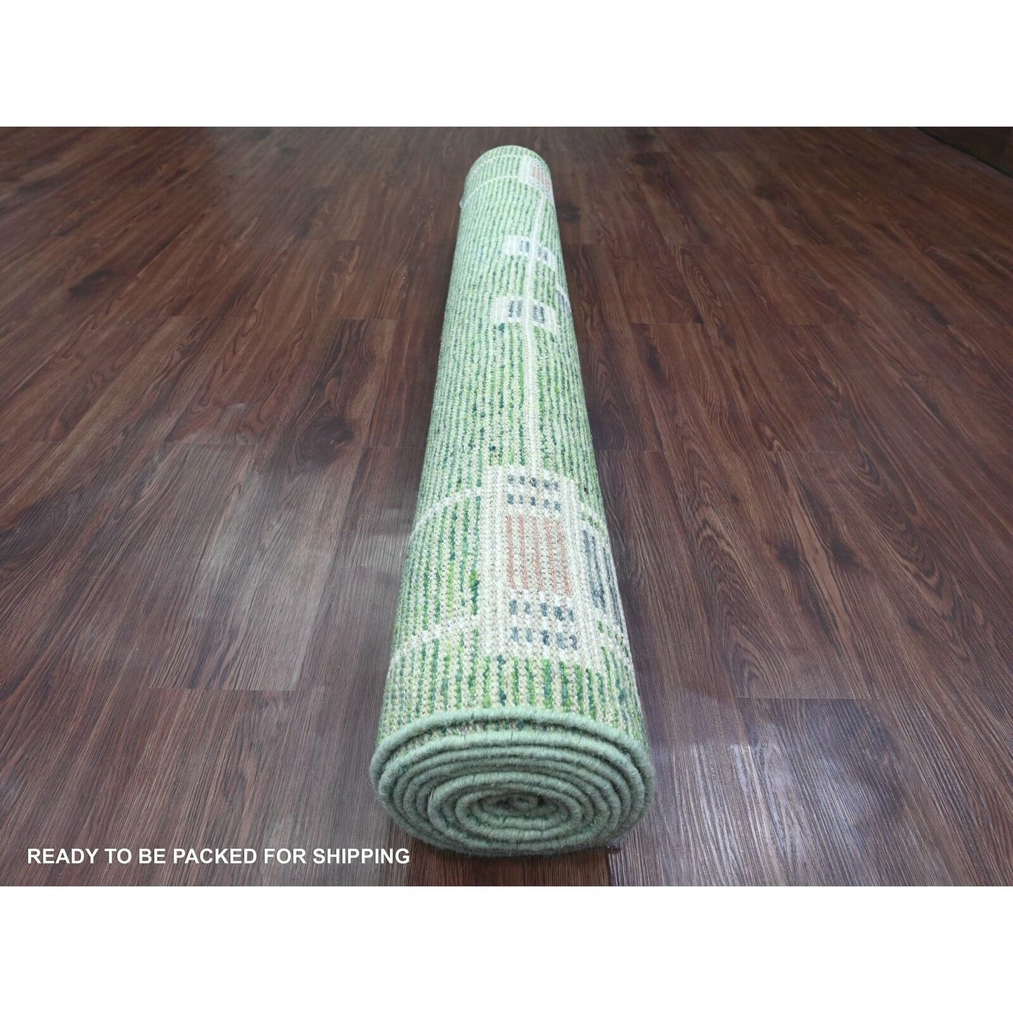 5'1"X12'3" Green Moroccan Weave Line Design Wool Hand Knotted Runner Rug