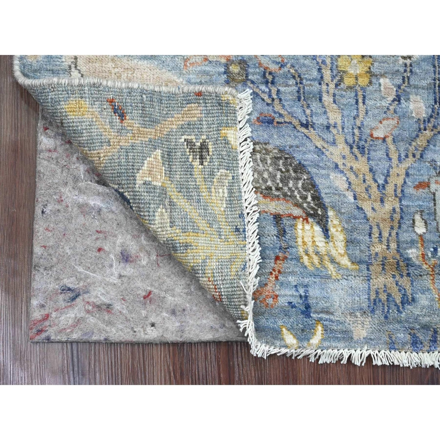 2'2"X6'3" Blue Peshawar Birds Design 100% Wool Hand Knotted Runner Rug