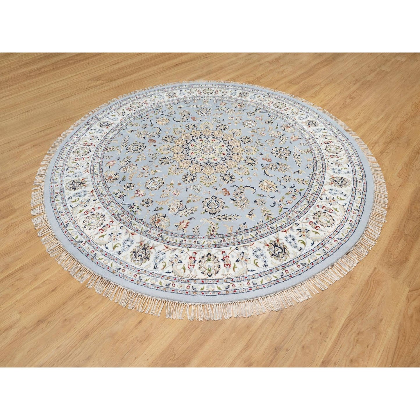 9'X9' Beau Blue Hand Knotted Nain Design 250 Kpsi 100% Wool Round Rug