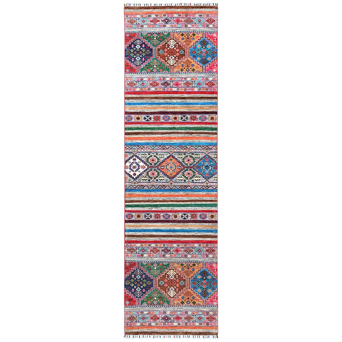 2'9"X9'8" Colorful Super Kazak Khorjin Design Wool Handknotted Runner Rug