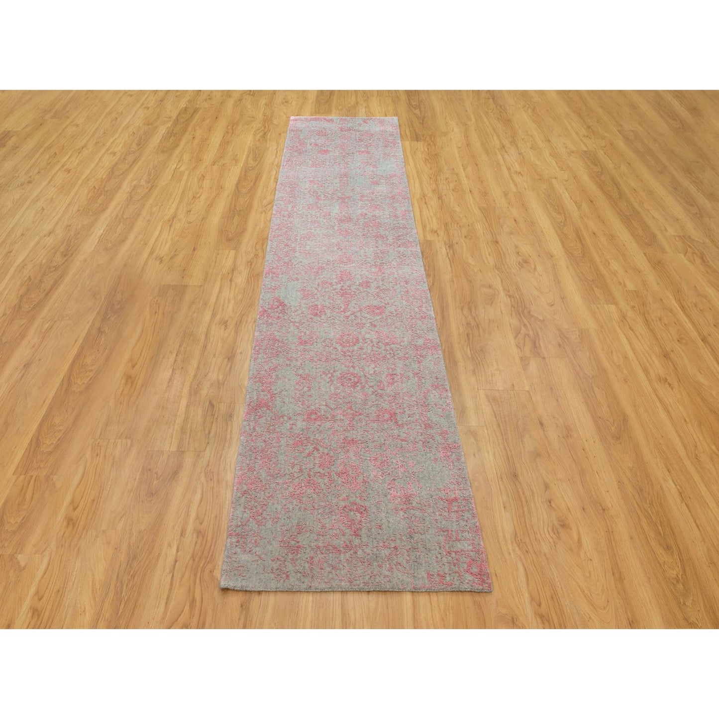 2'6"X11'10" Wool & Art Silk Erased Design Runner Hand Loomed Jacquard Rug
