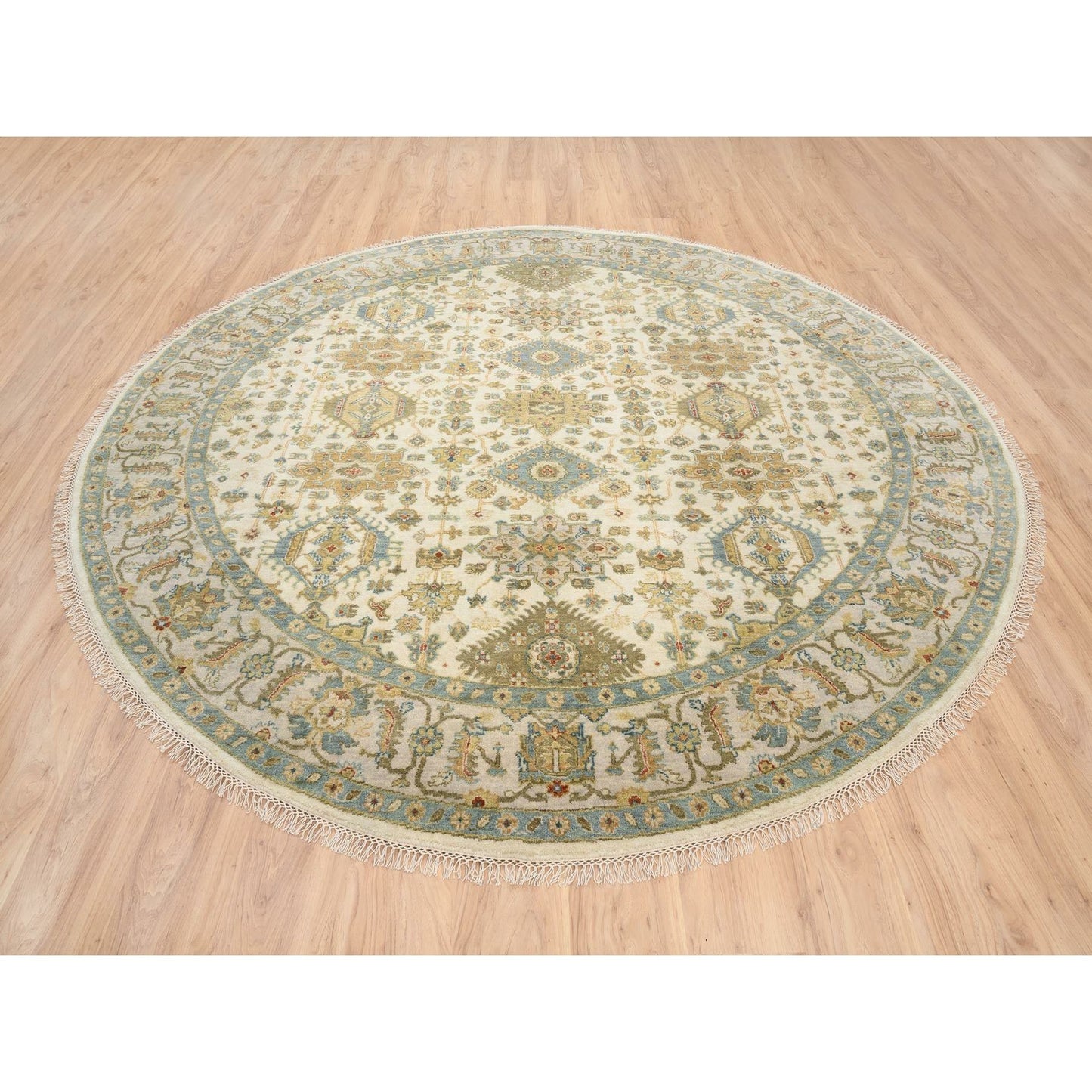 8'10"X8'10" Ivory Hand Knotted Karjihooz Design Wool Round Rug