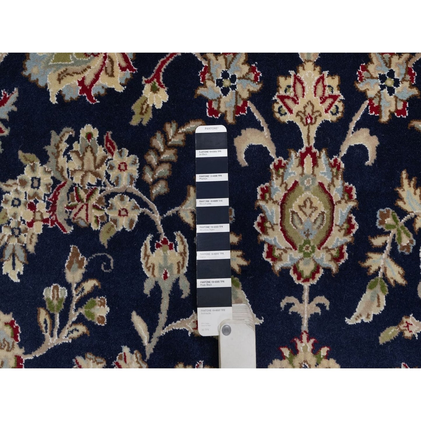 9'X12'2" Midnight Blue Nain Flower Design Wool And Silk Hand Knotted Rug