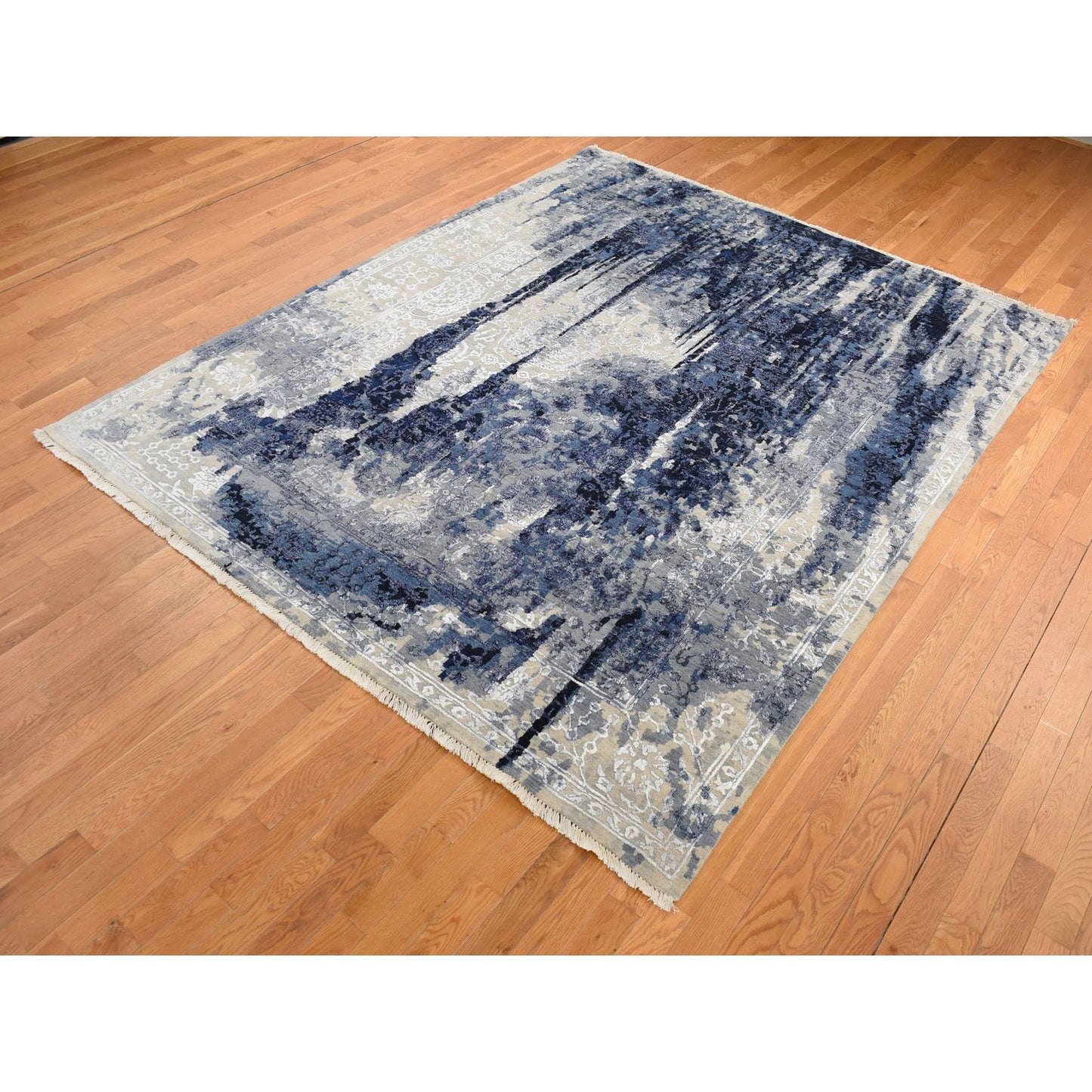 8'X9'9" Gray Wool And Silk Transitional Design Hand Knotted Oriental Rug