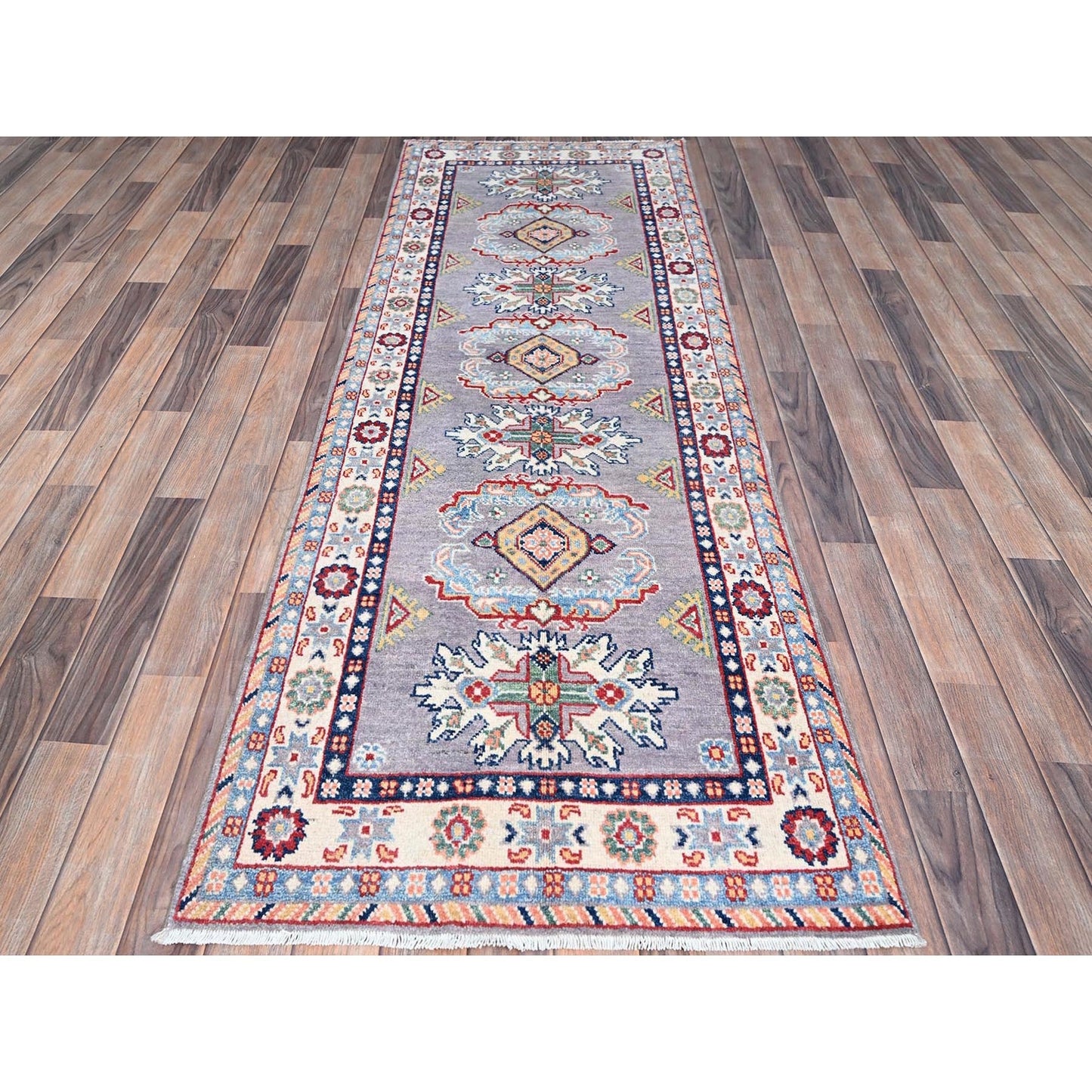2'9"X7'10" Gray Kazak Tribal Medallions Hand Knotted Oriental Runner Rug