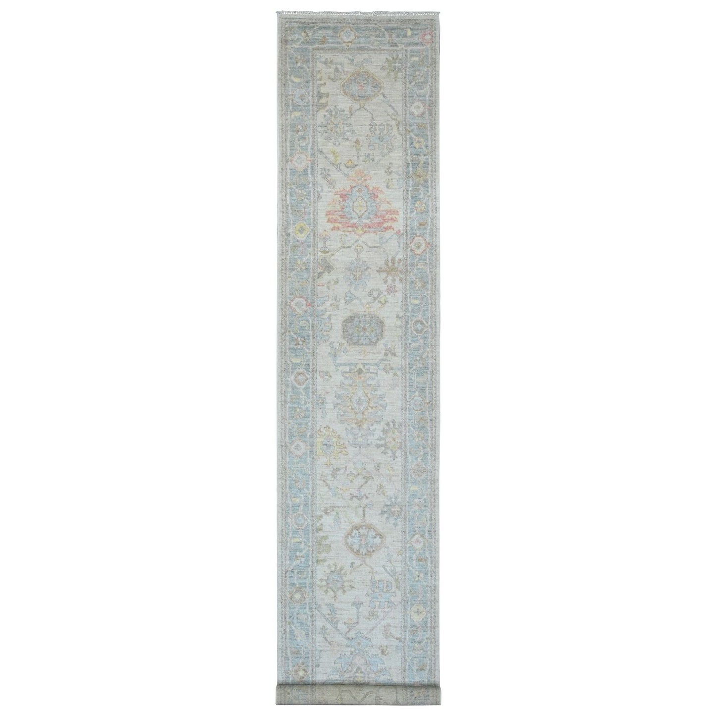 2'10"X15'9" White Hand Knotted Angora Oushak Leaf Design Wool Runner Rug