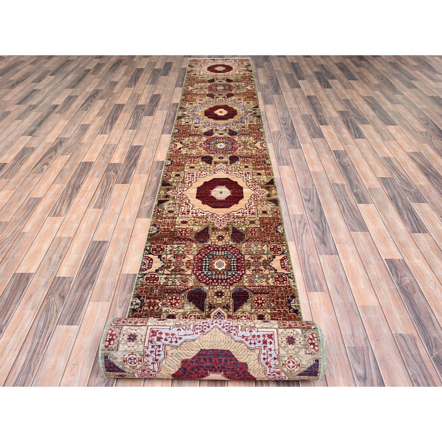 2'4"X24'7" Green Hand Knotted Mamluk Design Pure Wool Xl Runner Rug