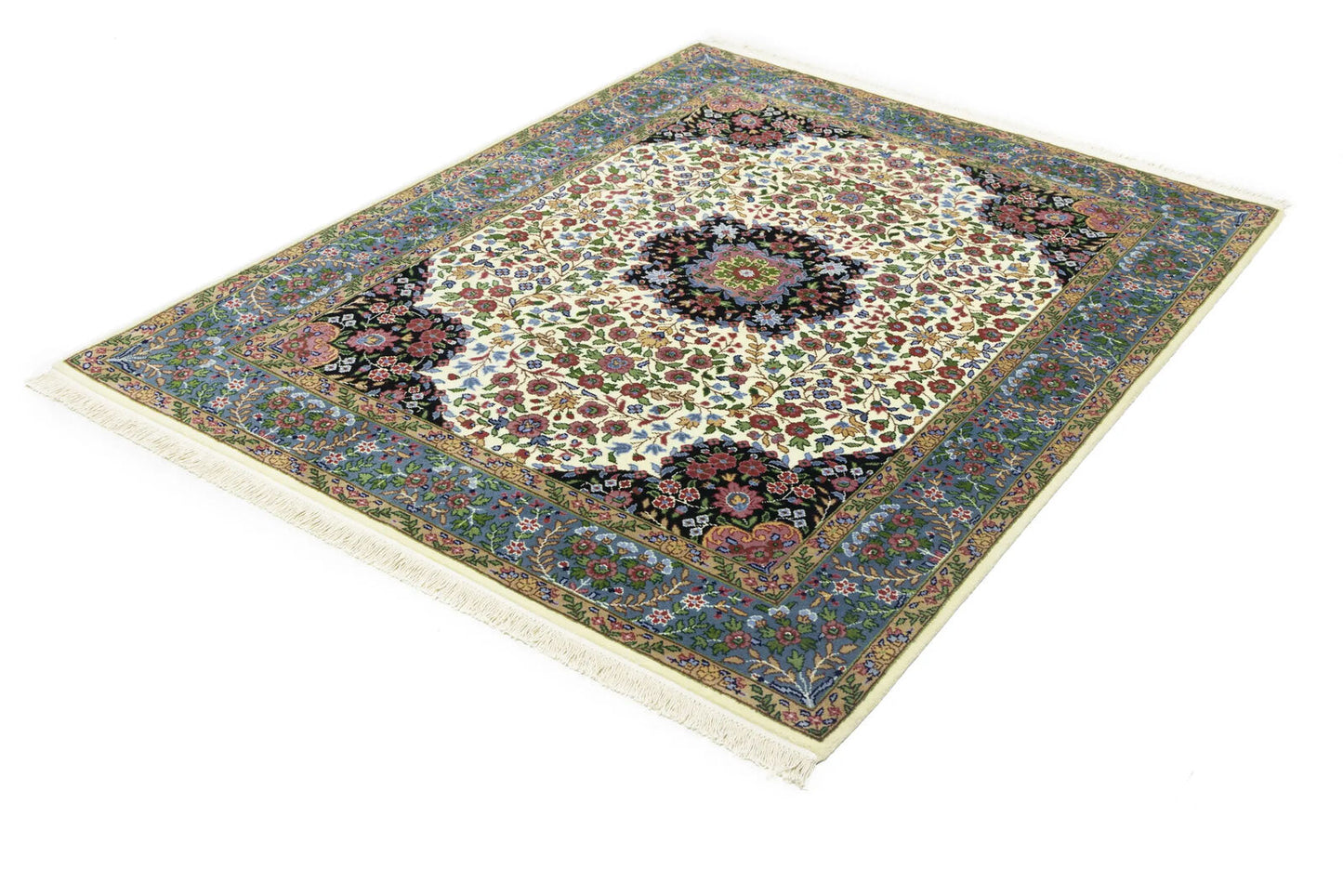 Handmade Kirman Oriental Rug Cream & Blue Floral