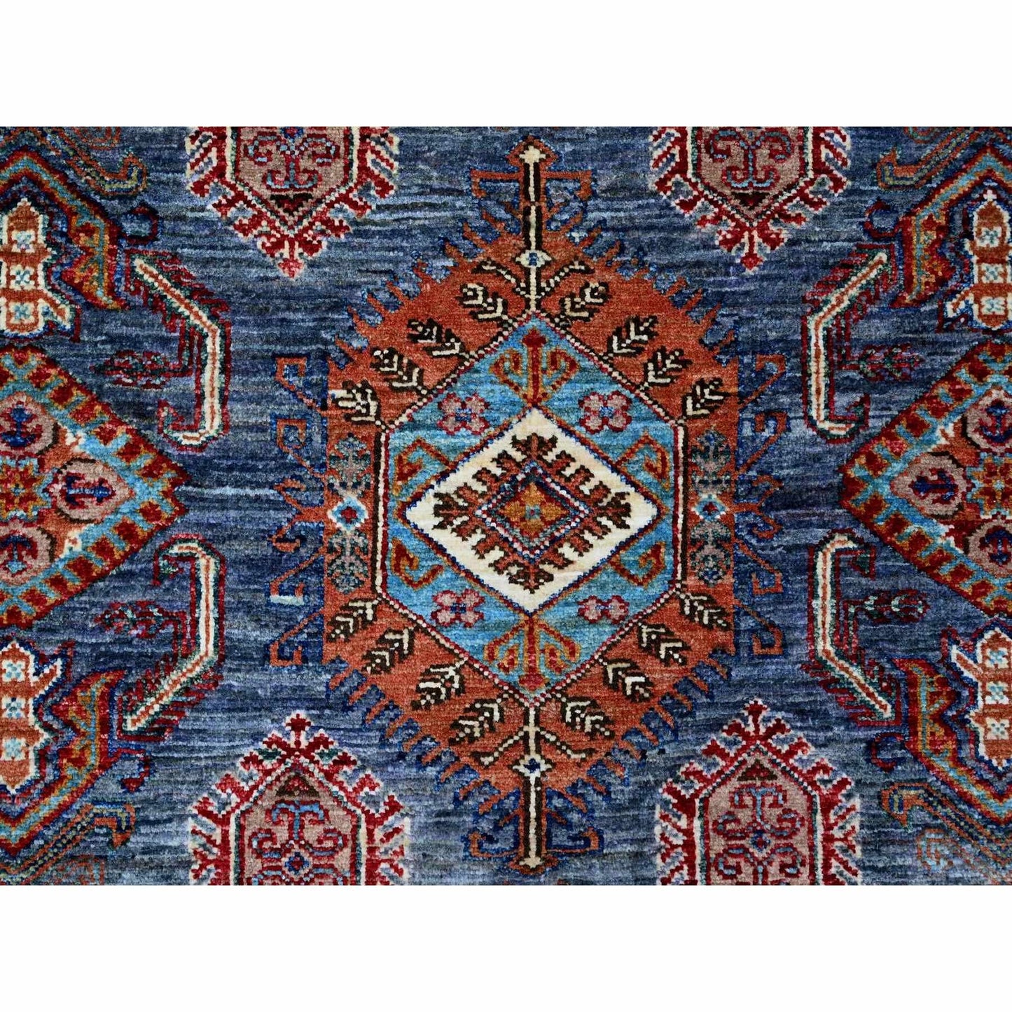 8'X9'6" Slate Gray Hand Knotted Geometric Super Kazak Wool Oriental Rug