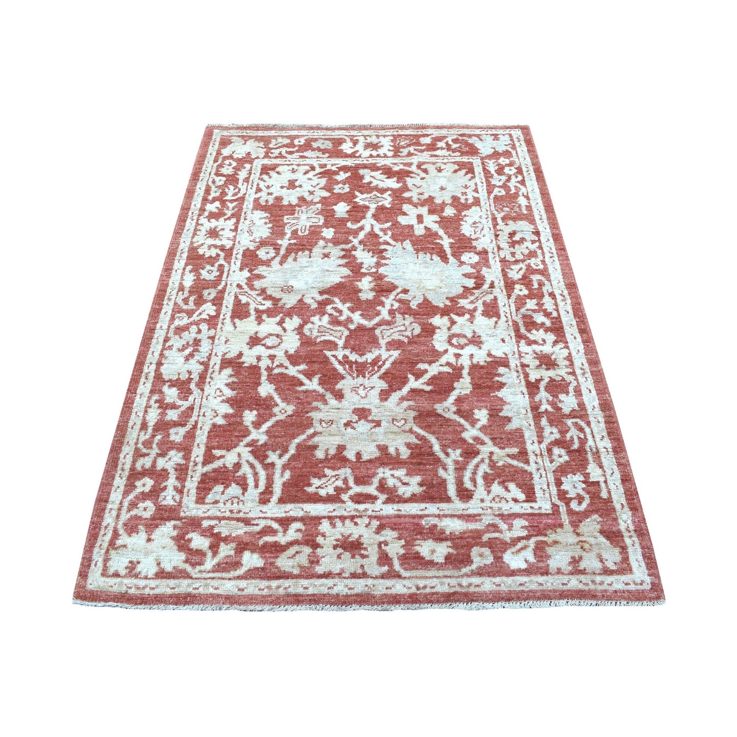 4'X5'9" Hand Knotted Brick Red Angora Oushak Pure Afghan Wool Rug