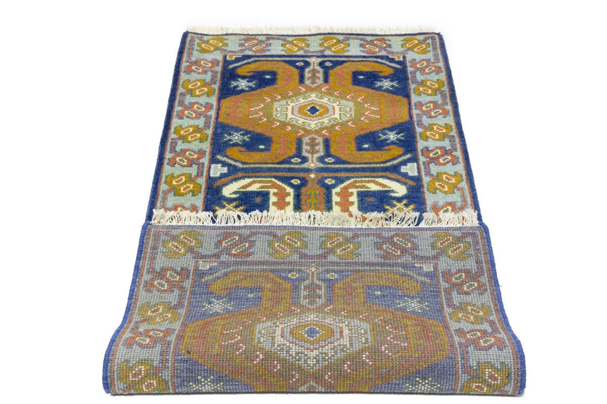 Navy Blue Geometric Tribal Kazak Rug Wool