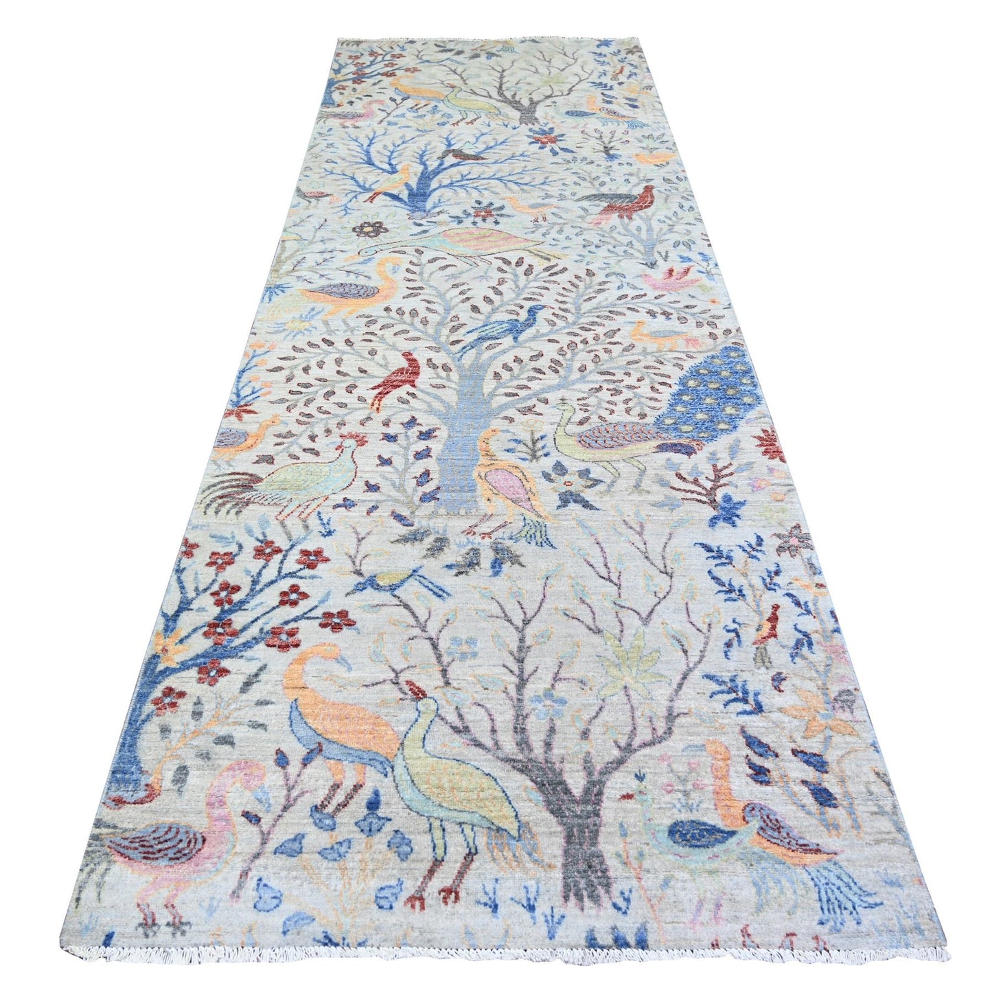 4'1"X12' Gray Organic Wool Hand Knotted Afghan Peshawar Wide Runner Rug