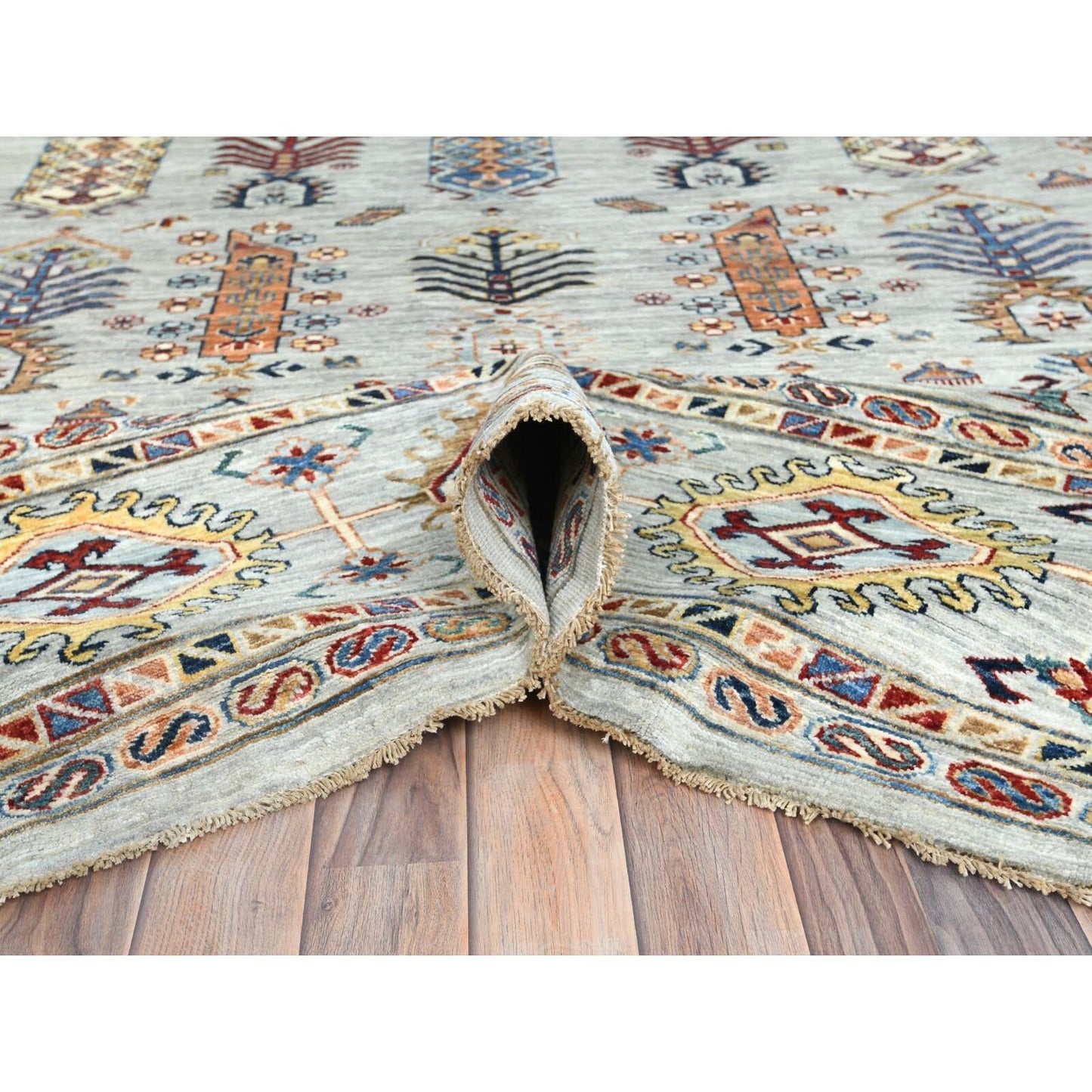 10'X14' Silver Blue Pure Wool Hand Knotted Afghan Super Kazak Rug