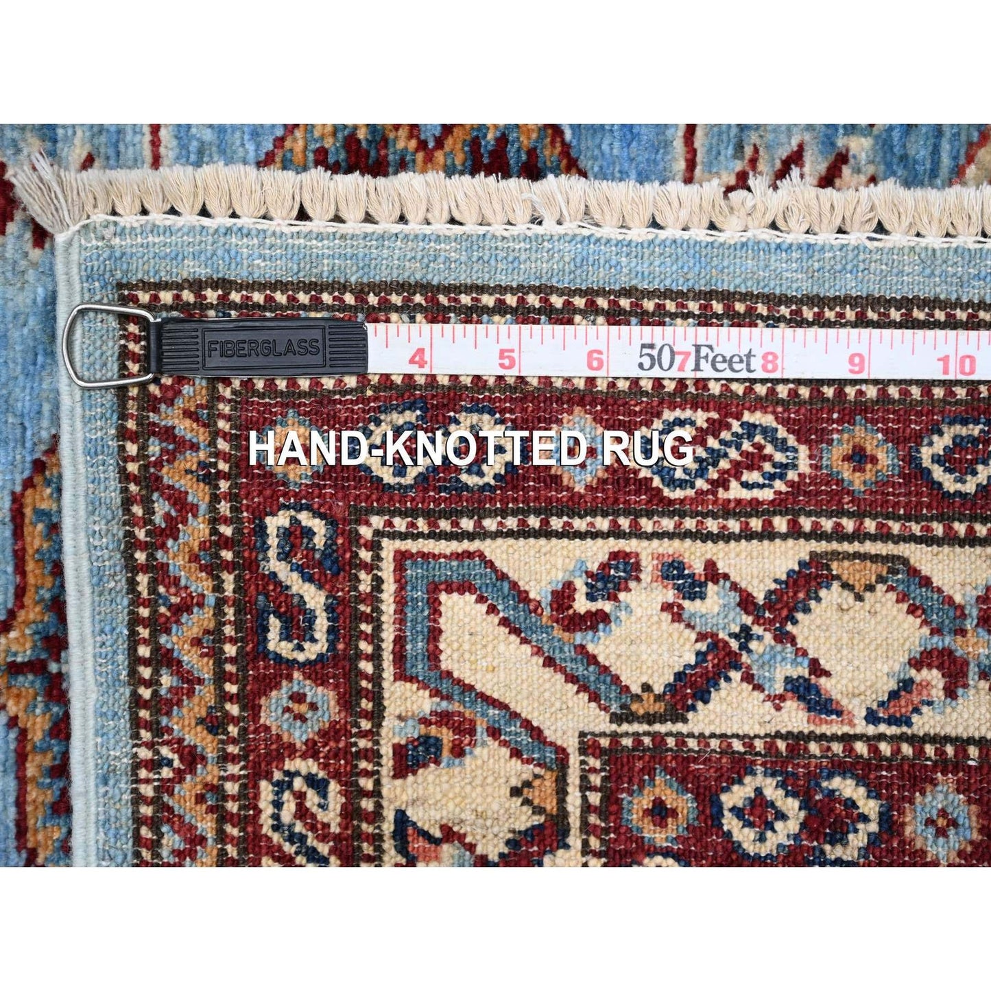 2'9"X8'8" Copen Blue Super Kazak Hand Knotted Medallions Wool Runner Rug