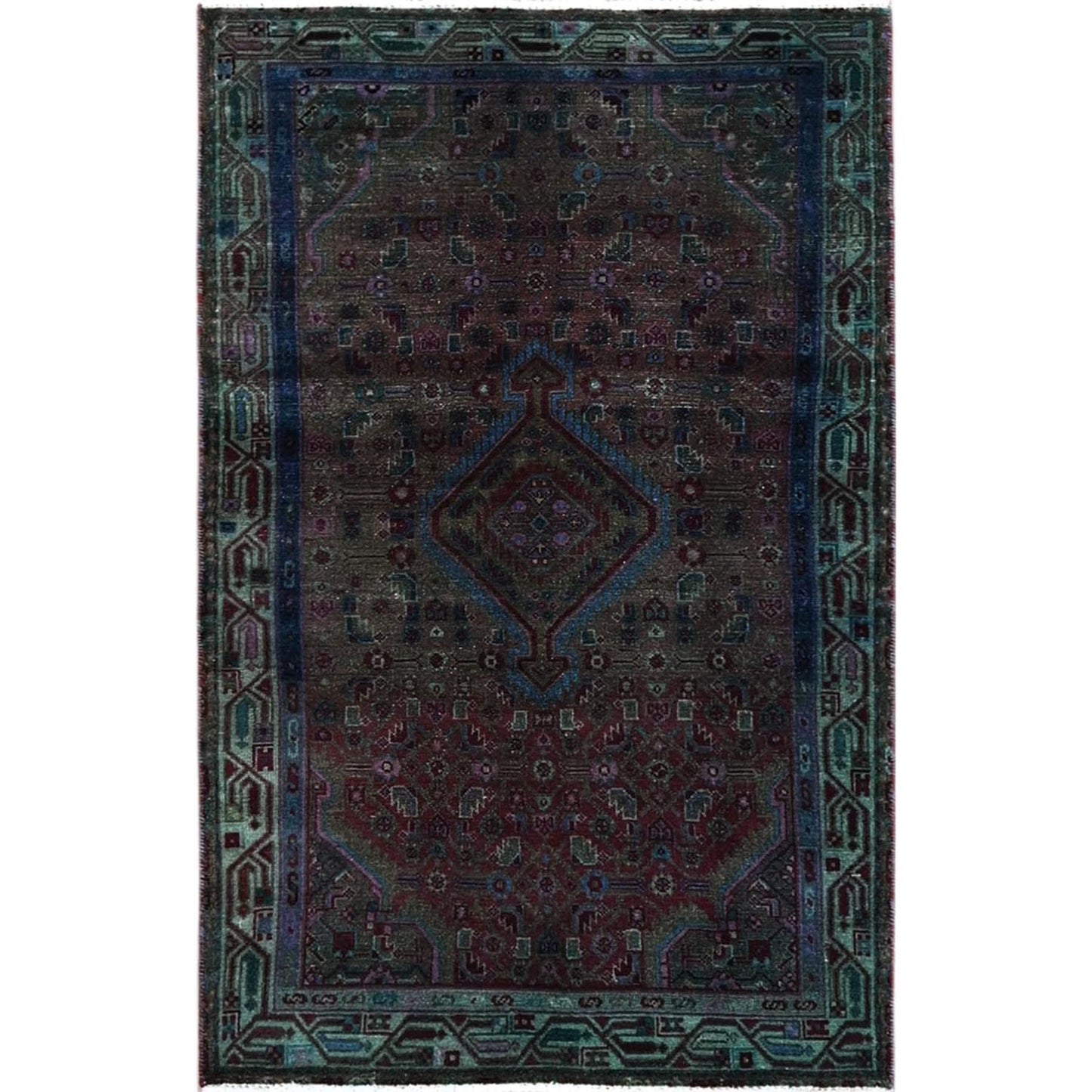 3'2"X5'1" Red Overdyed Vintage Zoroastrian Khamadan Hand Knotted Wool Rug
