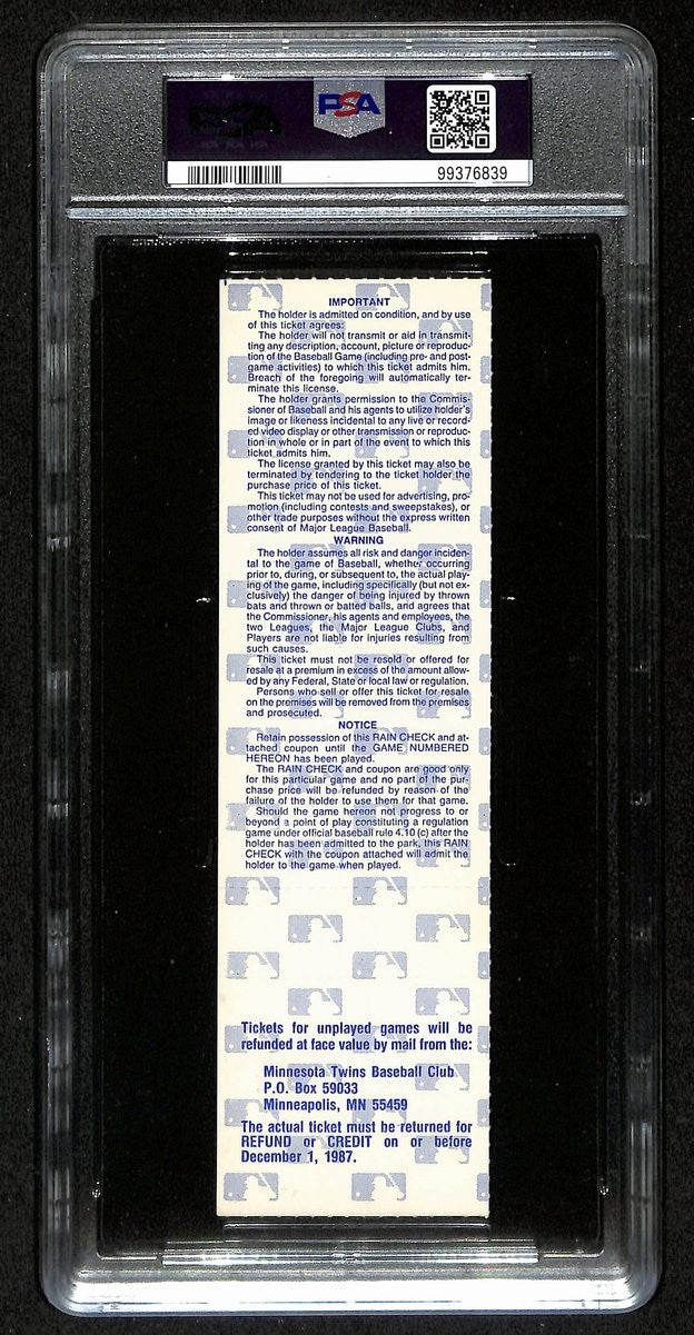 1987 World Series Game 7 Cardinals Vs. Twins Full Ticket Psa/Dna Nm-Mt 8 197218