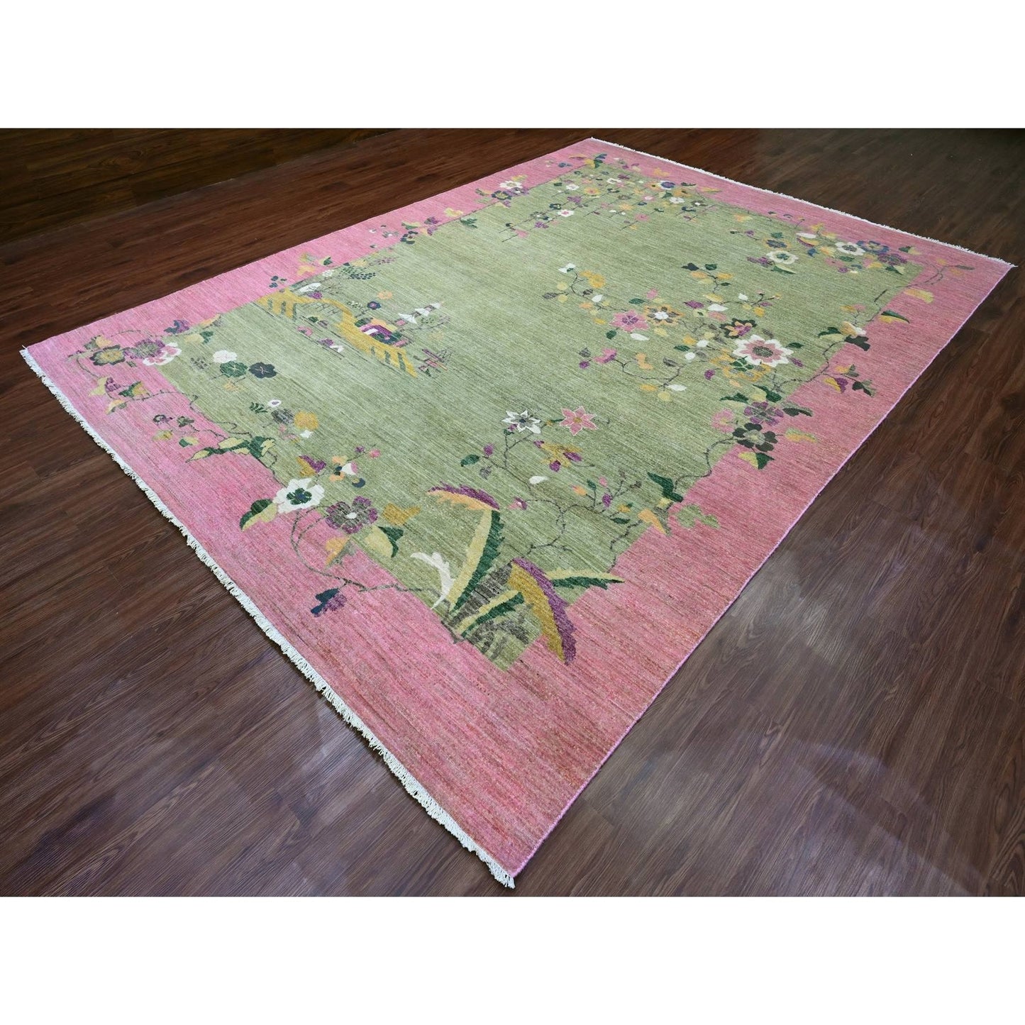 9'X12'3" Green Chinese Art Deco Inspired Peshawar Hand Knotted Wool Rug