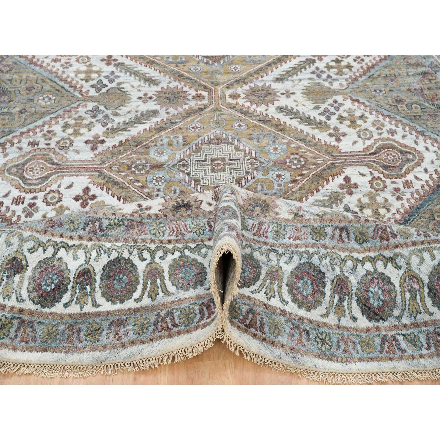 9'9"X9'9" Ivory Hand Knotted Flower Rosettes Border Round Oriental Rug