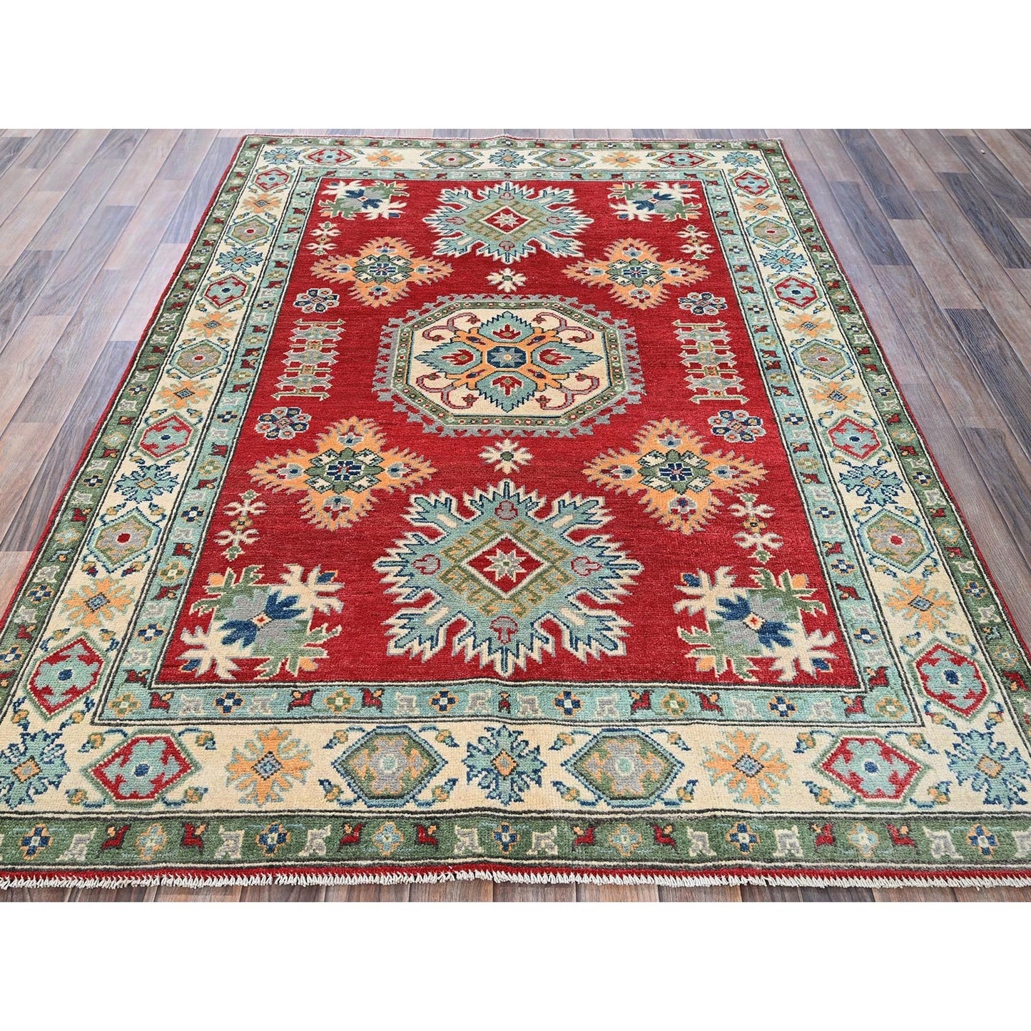 4'10"X6'10" Red Kazak With Tribal Motif Hand Knotted Soft Wool Oriental Rug