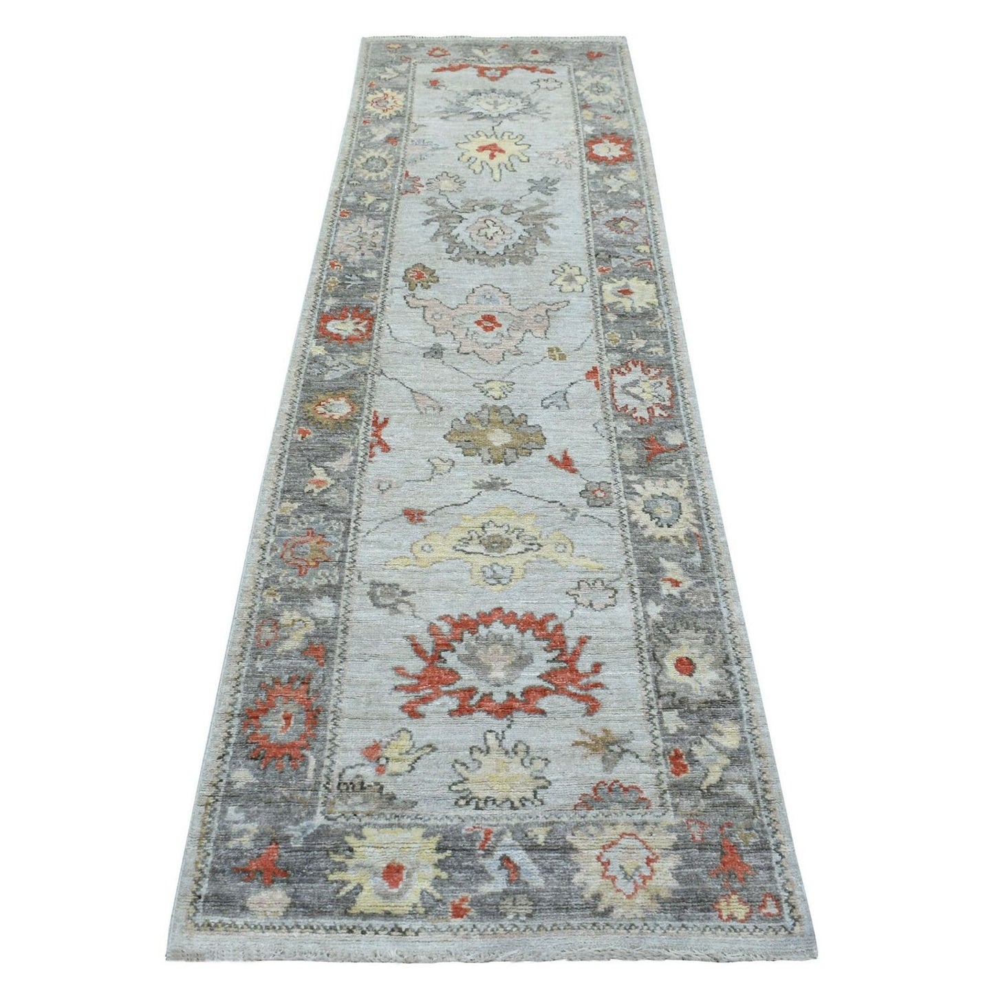 2'9"X9'5" Pure Wool Hand Knotted Gray Angora Oushak Oriental Runner Rug