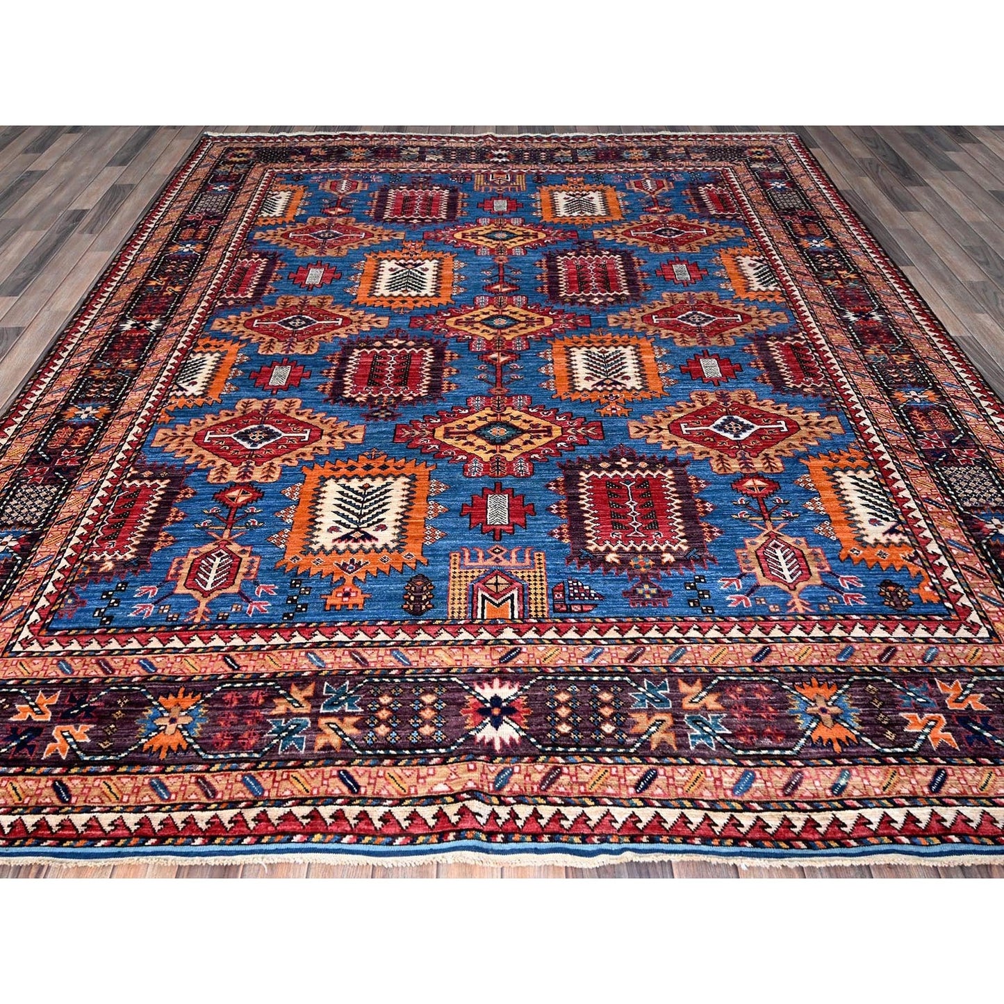 8'3"X9'6" Blue Afghan Ersari Caucasian Design Revival Hand Knotted Wool Rug