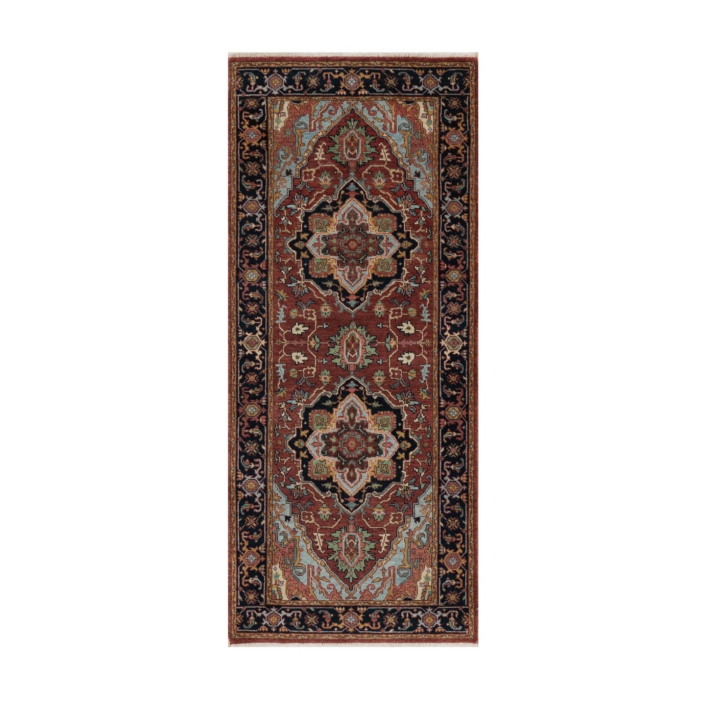 2'8"X6'2" Red Antiqued Heriz Re-Creation Hand Knotted All Wool Runner Rug