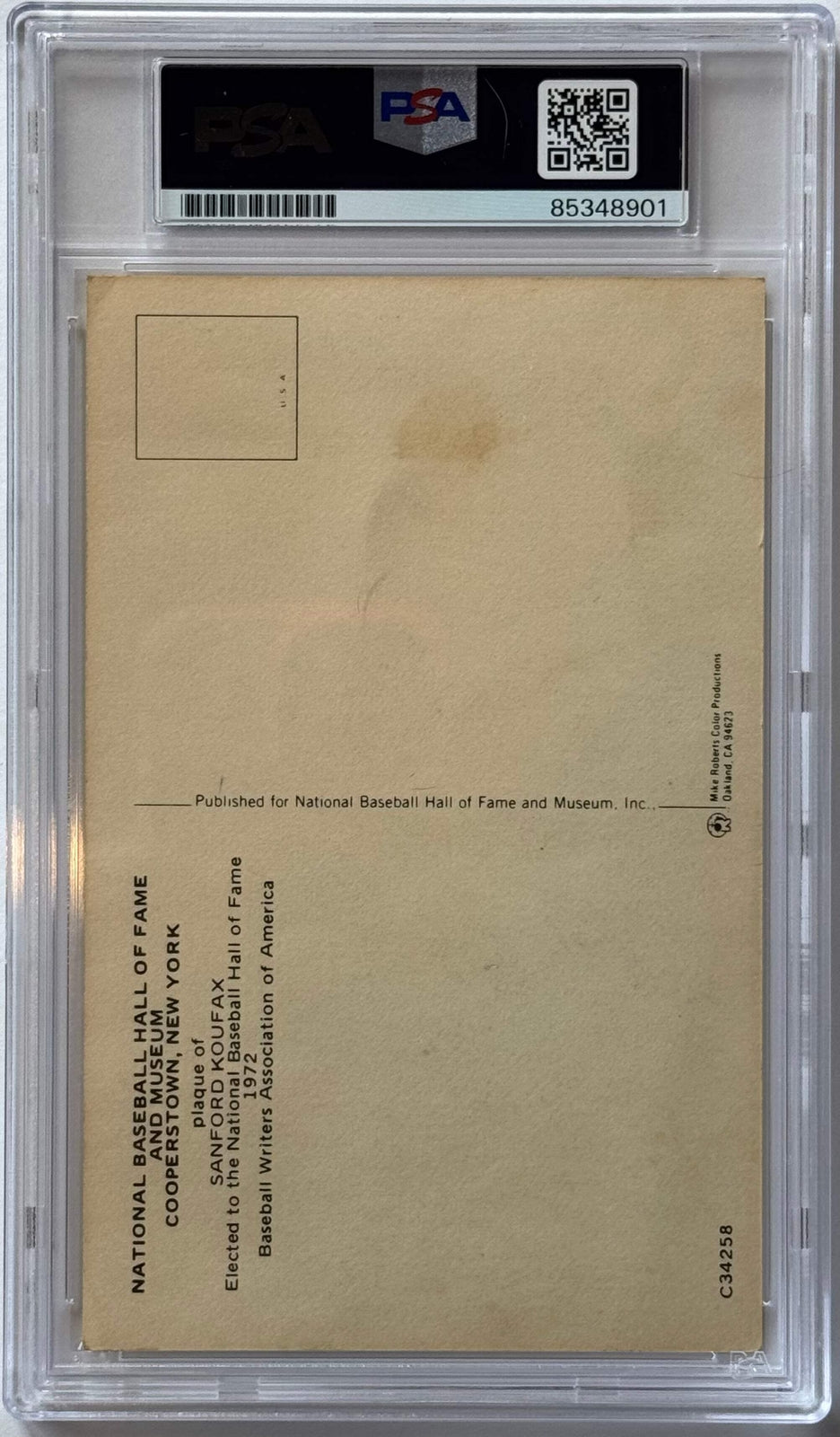 Sandy Koufax Autographed Hall Of Fame Plaque Postcard (Psa)