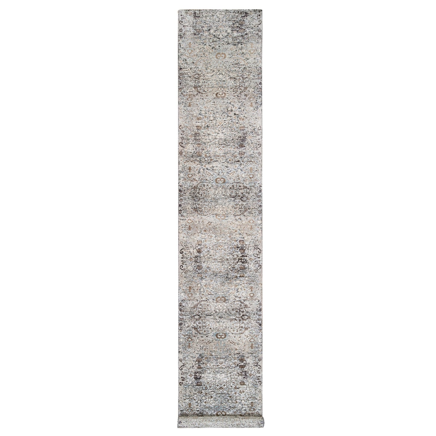 2'6"X16' Gray, Hand Knotted, Modern, Silk With Wool, Xl Runner, Rug