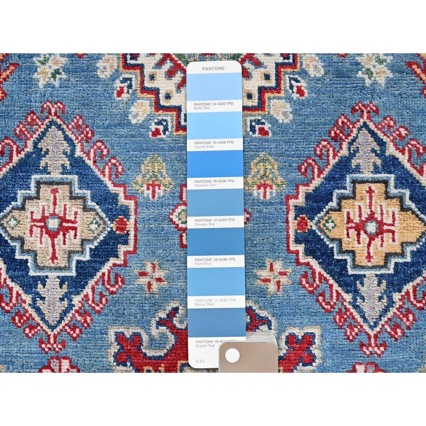 3'10"X6'3" Ruddy Blue Kazak Geometric Design Soft Wool Hand Knotted Rug