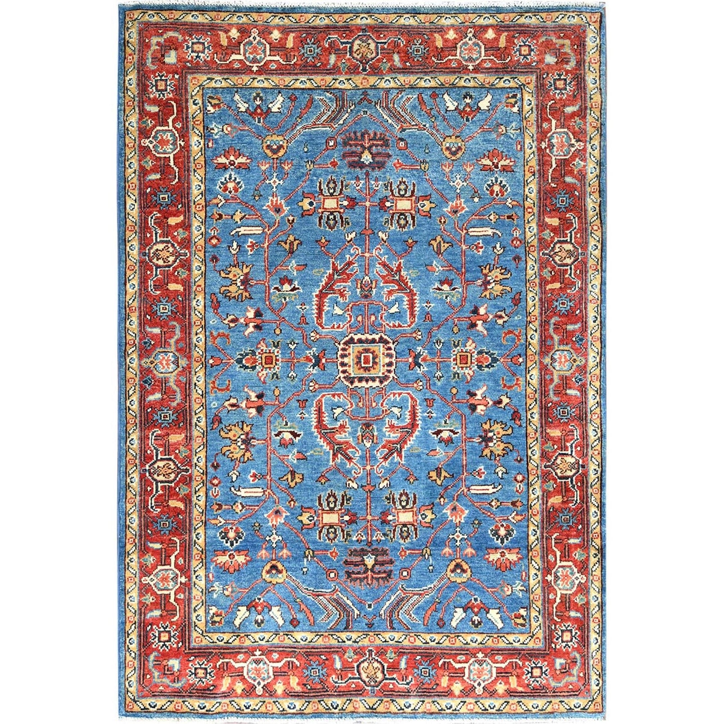 3'10"X5'10" Denim Blue Soft Wool Hand Knotted Seeripe Heris Design Rug