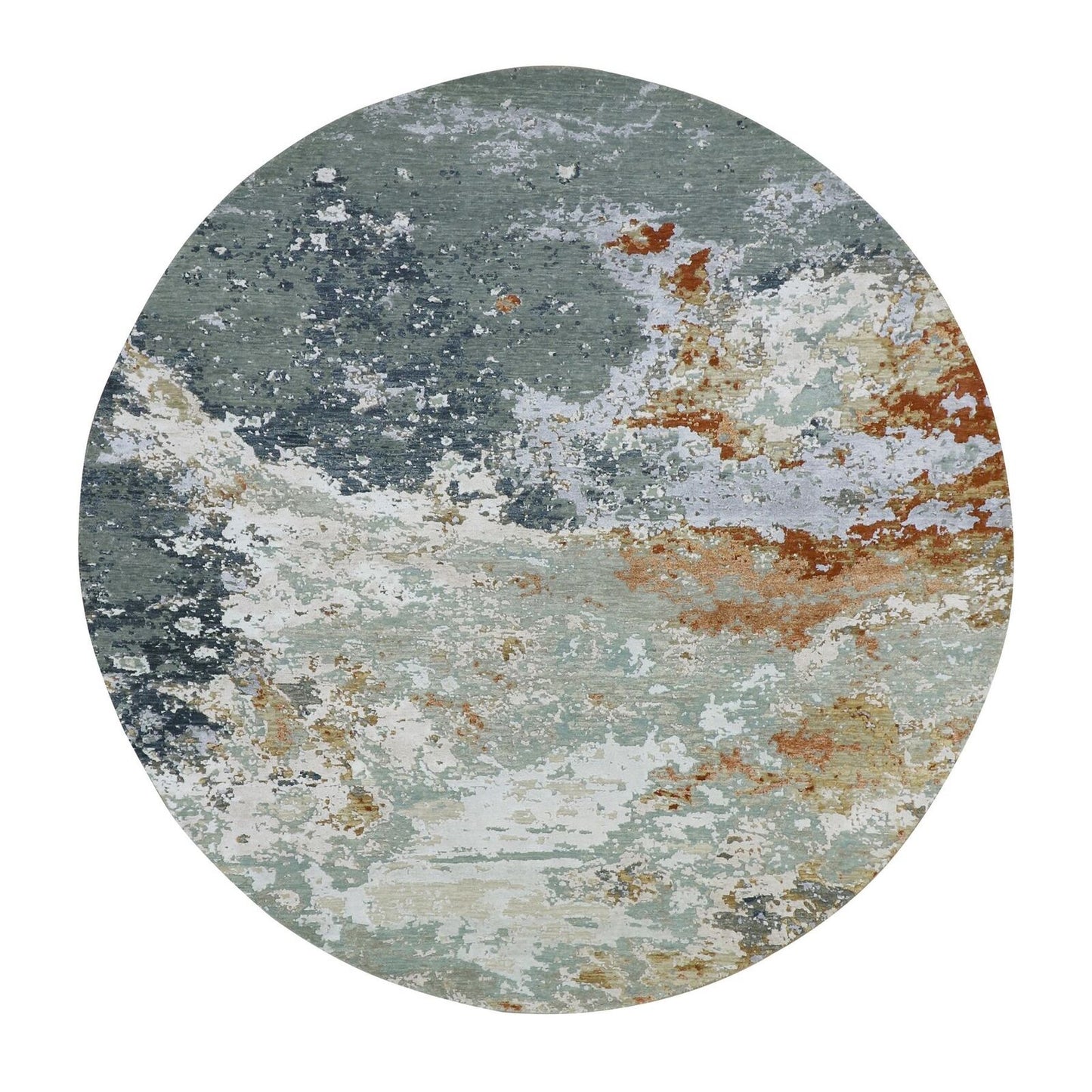 8'X8' Gray With Peach Abstract Design Pure Wool Hand Knotted Round Rug